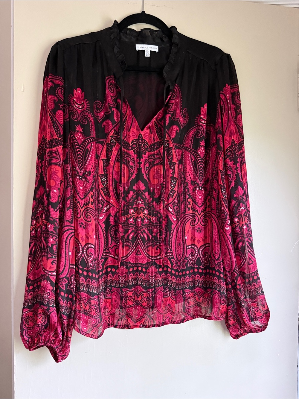 Rebecca Taylor Pink and Black Paisley Long-Sleeve V-Neck Blouse